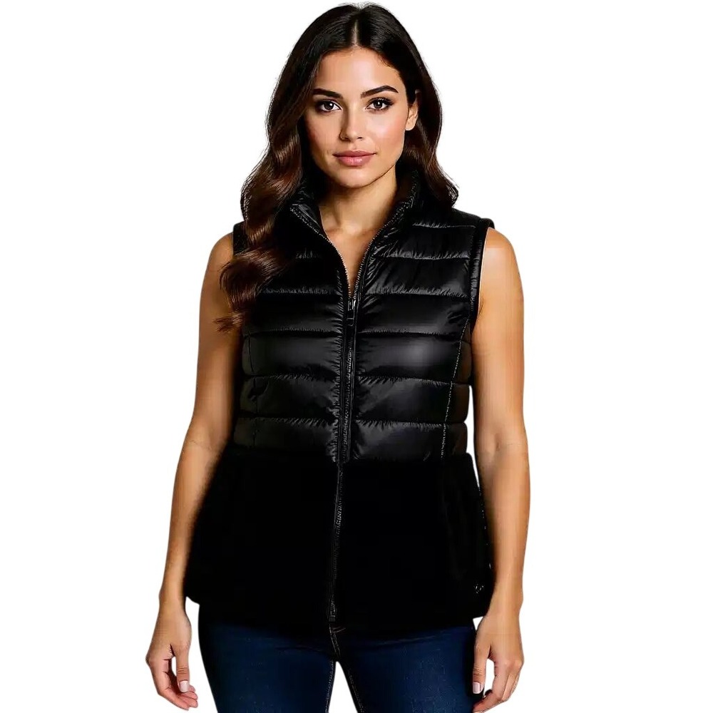 Calvin Klein Jeans Womens Black Mixed Media Puffer Sherpa Fleece Vest Large NWT